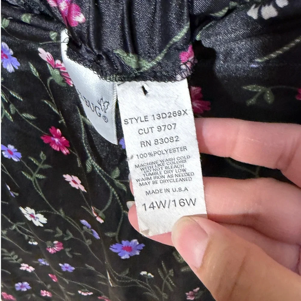 Vintage Fashion Bug Floral Satin Midi Skirt Black Pink Purple Plus 14W/16W USA
